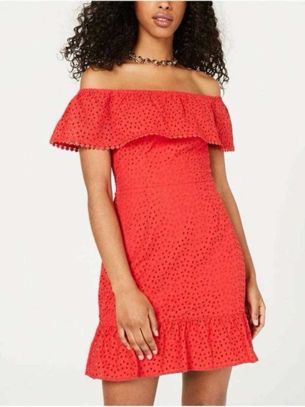 City Studio Red Eyelet Off-Shoulder Mini Dress